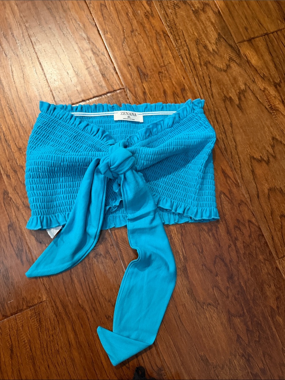 Zenana Outfitters Turquoise Tie-Front Smocked Tube Top
